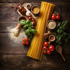 Italian spaghetti with tomatoes, basil and aromatic spices on a wooden rustic background, place for text, close up