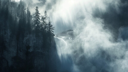 Sunlight illuminating the misty spray of a roaring waterfall creating a mystical and enchanting sight.