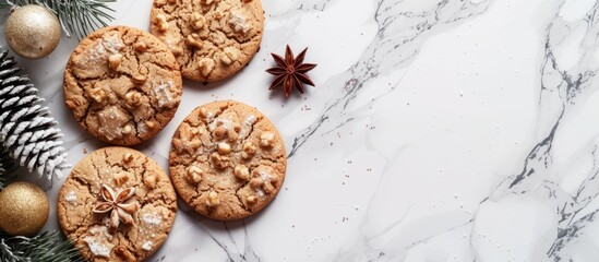 Delicious Flat Lay Christmas Cookies sitting on a Fabulous Marble Surface