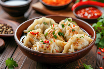 Fototapeta na wymiar Delicious Steamed Dumplings with Dipping Sauces