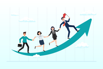 Fototapeta premium Businessman leader holding hand with employee walking up arrow graph, teamwork cooperate together to achieve goal, leadership to build team walking up rising growth arrow, career development (Vector)