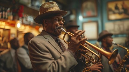 Jazz band performance in a New Orleans bar during Mardi Gras. Musicians in festive attire play soulful tunes. AI Generated. Jazz Appreciation Month
