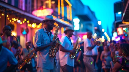 Jazz musicians performance in New Orleans. Vibrant Mardi Gras street parade. Historic French Quarter buildings in the background. Jazz Appreciation Month. AI Generative - obrazy, fototapety, plakaty