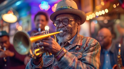 Fototapeta premium Jazz band performance in a New Orleans bar during Mardi Gras. Musicians in festive attire playing soulful tunes. AI Generated. Jazz Appreciation Month