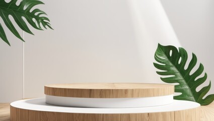 3d podium with green leaf shadow, ideal for natural beauty product displays.