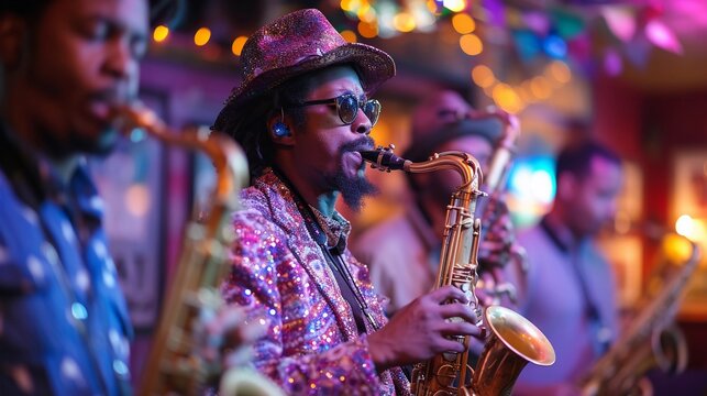Jazz band performance in a New Orleans bar during Mardi Gras. Musicians in festive attire playing soulful tunes. AI Generated