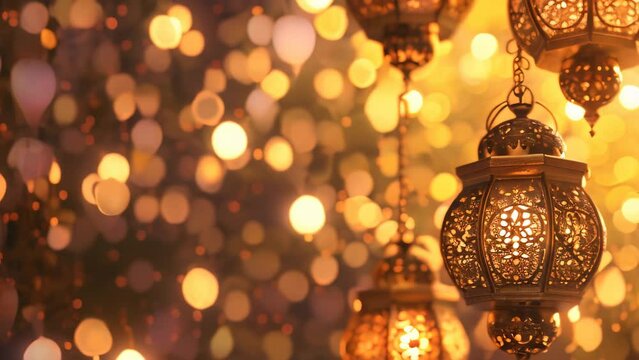 Golden lantern glow at night with bokeh lights. 4k video animation