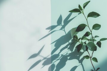 a green plant on blue and white wall