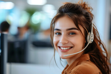 Call center woman agent with headset working on support hotline in modern office