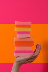 a hand holding stacks of colorful sponges - obrazy, fototapety, plakaty
