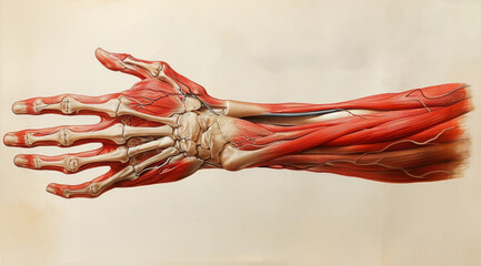 Obraz na płótnie Canvas Detailed medical illustration of a dissected hand showing muscles and skeletal structure, AI generated