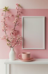 a white table and flowers with blank frame picture against pink wall