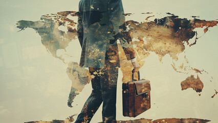Double Exposure of Businessman Briefcase and World Map - obrazy, fototapety, plakaty
