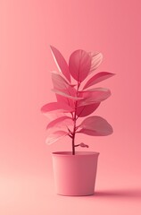 Minimalistic Pink Plant in Pot on Pink Background