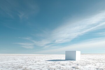 an isolated white small box and a blue sky in a snowy field