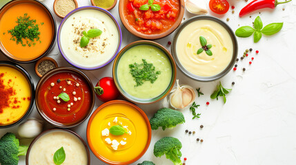 Assorted cream soups in bowls, traditional soups, ingredients for soup nearby, top view, bowls on a white background.