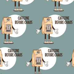 Funky groovy cartoon character Coffee seamless pattern. Vintage funny mascot backdrop psychedelic smile, emotion. Design art for cafe, bar, restaurant. Comic trendy vector illustration 90s style