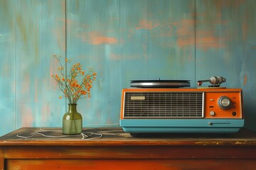 Blue Orange Vintage Fictional Radio and Turntable Setup