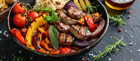Deliciously Grilled Vegetables and Tender Meat Served in a Wholesome Bowl: A Mouthwatering...