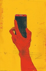 Red Hand and Arm Holding Smartphone on Yellow Background
