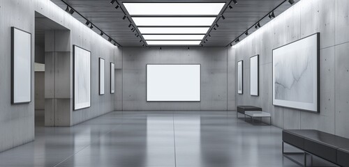 A chic art gallery with a monochrome color scheme, featuring a solitary empty frame.