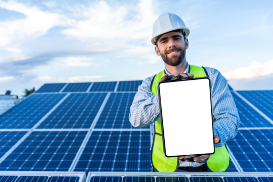 young engineer showing a tablet with blank empty screen, smiling technician holding a device with transparent screen