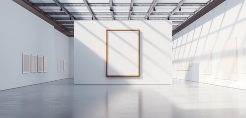 A contemporary art gallery with an expansive white space, showcasing a solitary empty frame under a bright, solitary spotlight, creating an interplay of light and shadow.