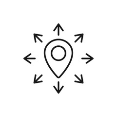 Maps pin with multi-directional arrow icon line style isolated on white background. Vector illustration