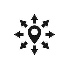 Maps pin with multi-directional arrow icon flat style isolated on white background. Vector illustration
