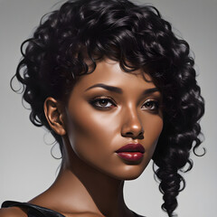 studio portrait of a gorgeous Black woman with her curly hair swept dramatically to the side, wearing makeup and gazing off into the distance