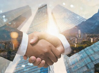 Double exposure image of business people handshake on city office building in background.