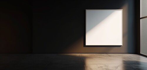 A contemporary art gallery with a solitary, oversized empty frame, set against a dark wall.