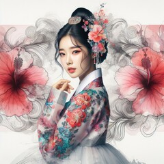 Ethereal Beauty Amidst Blooming hibiscus with Korean hanbok girl with Generative AI.