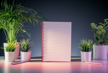 notebook and plants on a desk with dark background