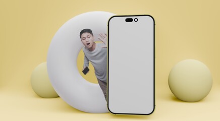 Illustration of a white screen mobile phone with a handsome Asian youth pose showing the...