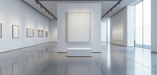 A high-end art gallery with a minimalist design, featuring a single, imposing empty frame under a sharp.