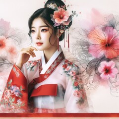 Ethereal Beauty Amidst Blooming hibiscus with Korean hanbok girl with Generative AI.