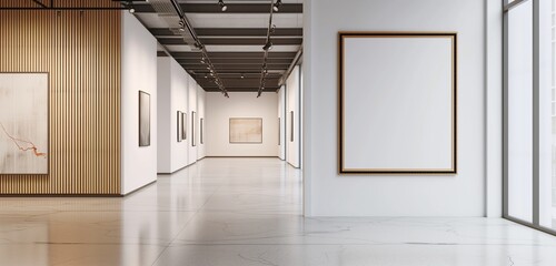 A modern art gallery with an empty frame.