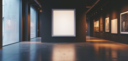 A modern art gallery with an empty frame, set against a backdrop of sleek, dark walls.