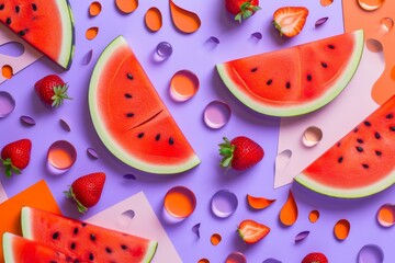watermelon in slices with strawberries on purple background