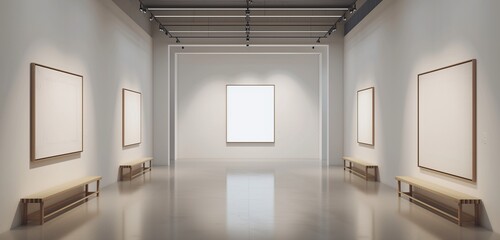 A sleek, contemporary art gallery with a single, prominent empty frame.