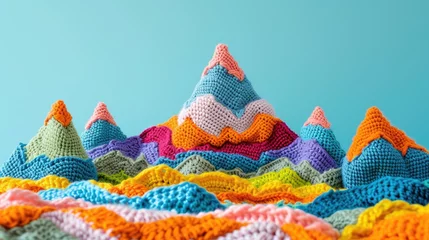 Fototapete Berge Crocheted mountain toy vibrant backdrop, handcrafted and adorable, Ai Generated