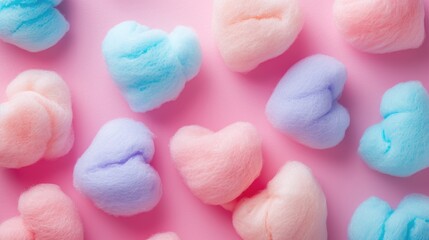 Colorful heart-shaped cotton candy on a pastel background, pure confectionery joy, Ai Generated.