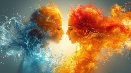 A passionate couple in love, entwined, with elements of fire and water, Ai Generated.