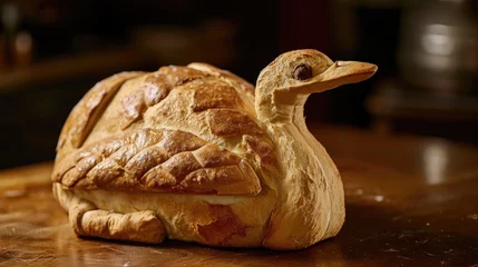Deurstickers Unique bread loaf resembling an ostrich resting on a wooden table, Ai Generated © Crazy Juke