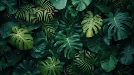Fototapeta premium Group background of dark green tropical leaves ( monstera, palm, coconut leaf, fern, palm leaf,bananaleaf) background. concept of nature