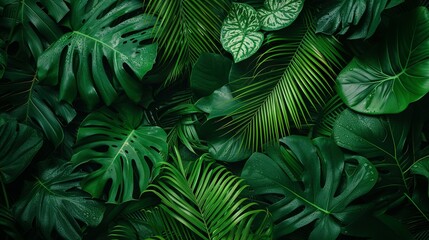 Group background of dark green tropical leaves ( monstera, palm, coconut leaf, fern, palm leaf,bananaleaf) background. concept of nature - obrazy, fototapety, plakaty