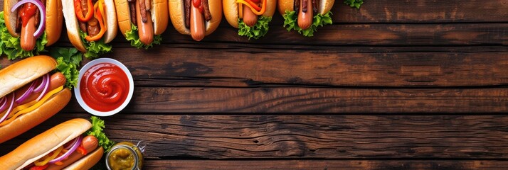 Summer BBQ food table scene with a dark wood background showing a top view of hot dogs and hamburgers buffet