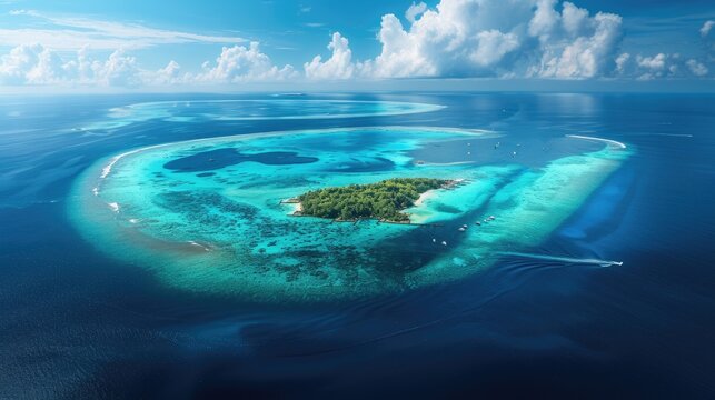 A breathtaking aerial panorama captures the beauty of Baa Atoll in the Maldives, Ai Generated.