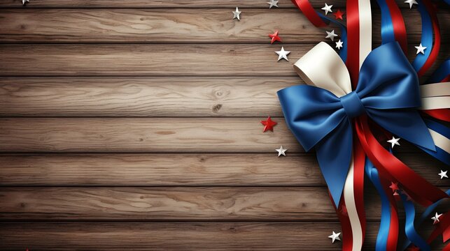 Red white blue ribbon bow frame on wooden background. 4th of July USA Independence Day. Mockup presentation. advertisement. copy text space.